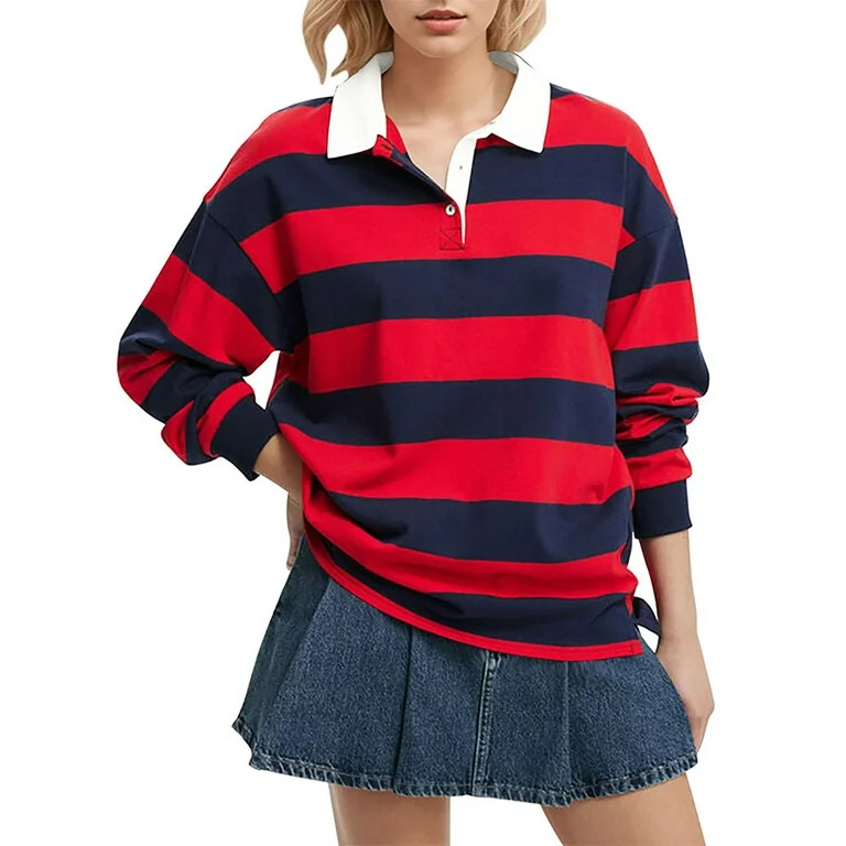 YEJIMAN Long Sleeve Shirts For Women's Oversized Striped Sweatshirt Rugby Collared Pullover Tops ... | Walmart (US)