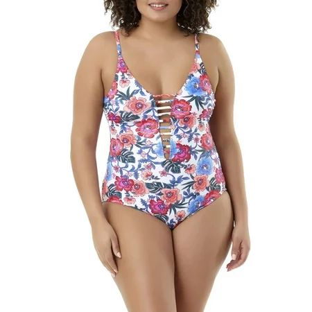 Time and Tru Women's plus-size porcelain posies strappy v-neck one-piece swimsuit | Walmart (US)