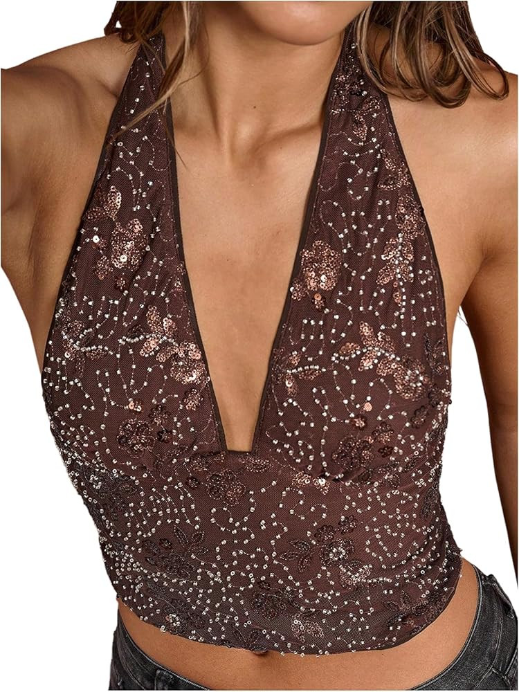 MakeMeChic Women's Floral Sequin Beaded Halter Top Tie Open Back Fall Party Crop Tank Tops | Amazon (US)