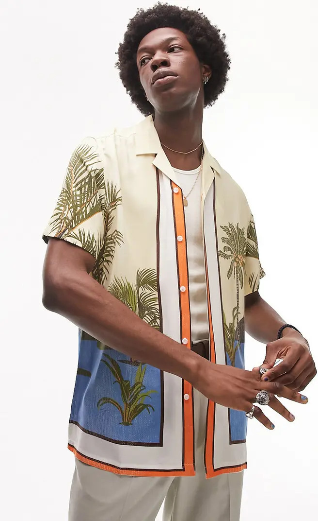 Topman Border Palm Print Short Sleeve Button-Up Shirt | Nordstrom | Nordstrom