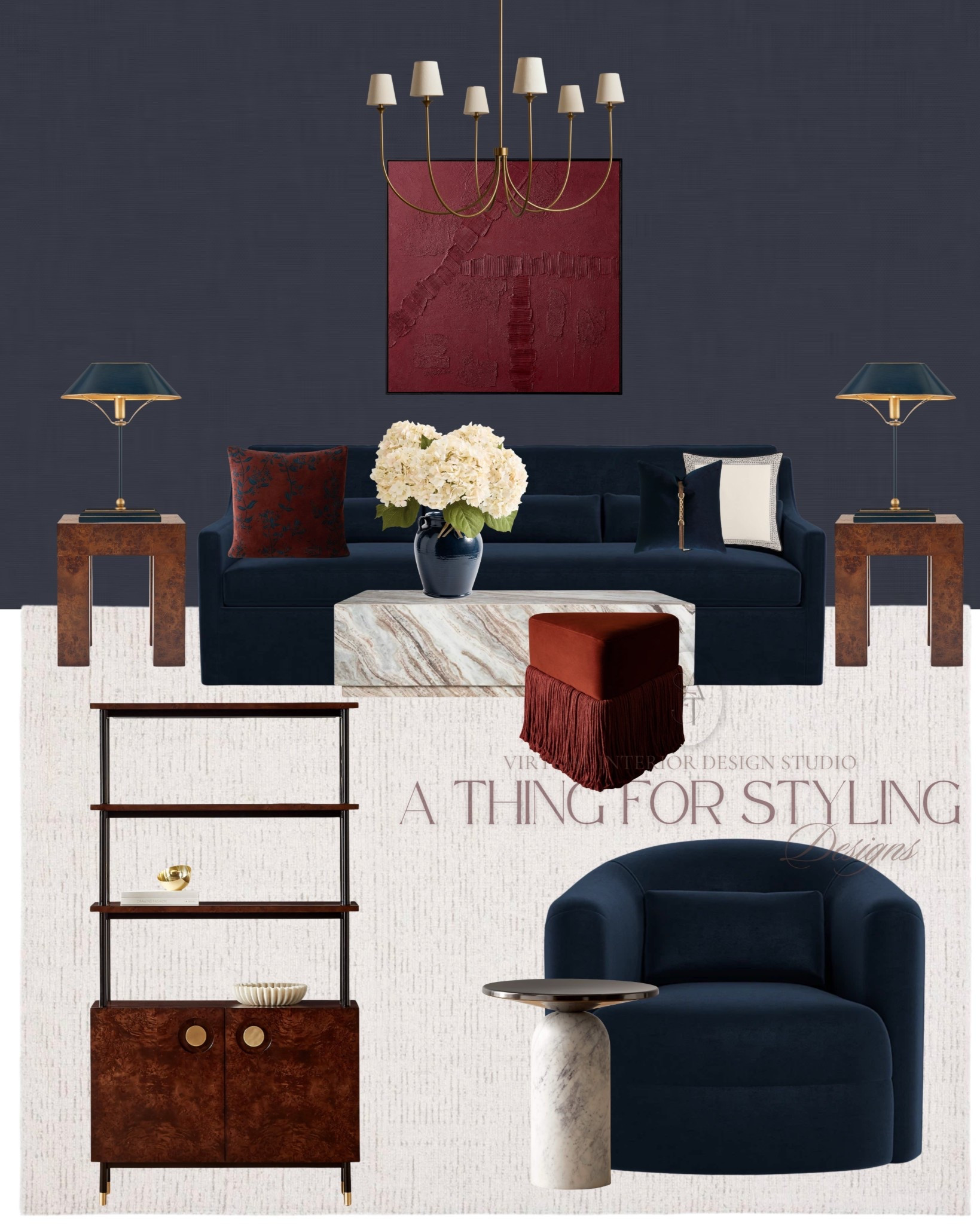 Navy and red living room design and decoration 

#LTKHome
