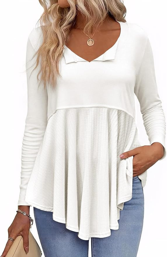 Tankaneo Womens Babydoll Tops V Neck Long Sleeve Shirts Peplum Tunic Top Flowy Work Casual Blouse... | Amazon (US)