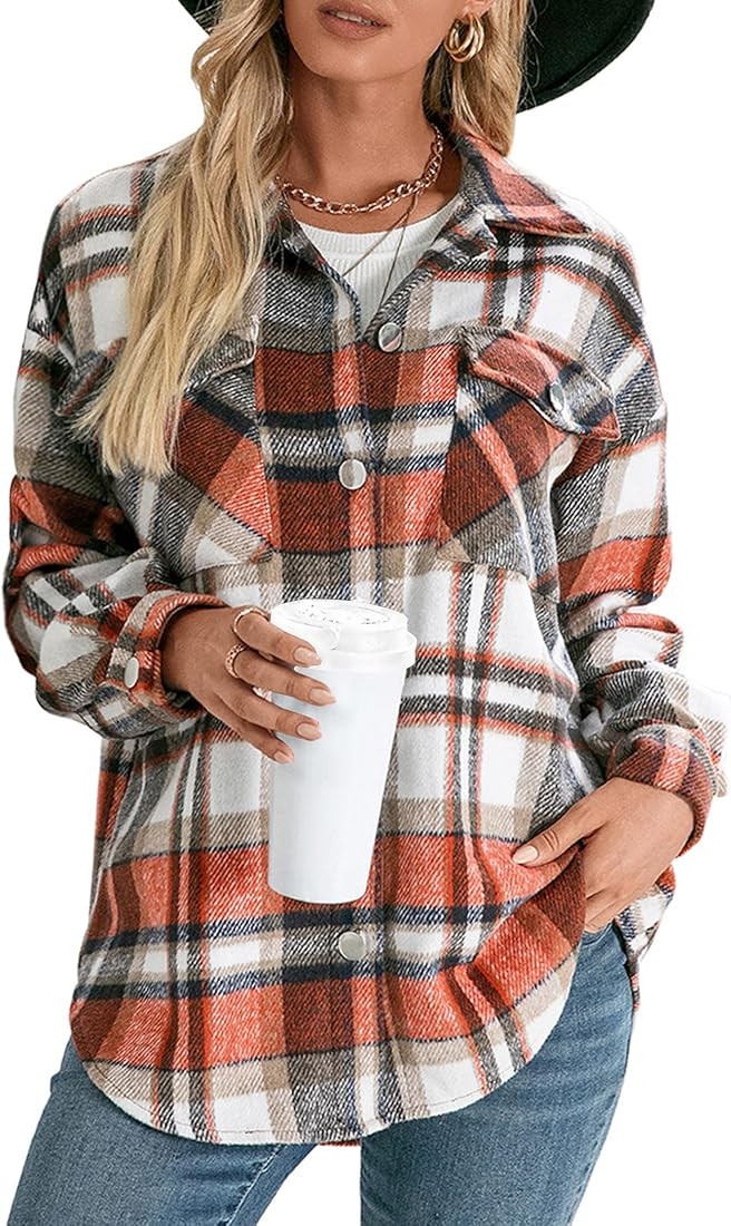 KIRUNDO Women's 2023 Fall Winter Flannel Plaid Shirts Jacket Casual Long Sleeve Boyfriend Button ... | Amazon (US)