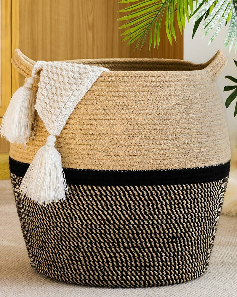 KAKAMAY Woven Baskets for Storage(17"x17"),Large Cotton Rope Basket Baby Laundry Hamper,Collapsib... | Amazon (US)