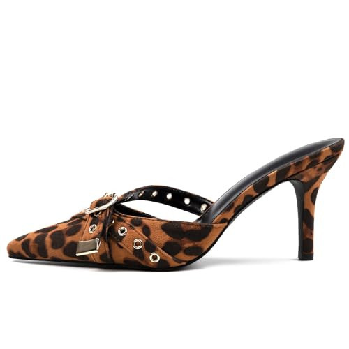 BIUBAKUA Leopard Kitten Heels for Women Pointed Pointy Toe Low Heel Slip on Small Short Heel Closed toe Slingback Stiletto Buckle Leather Mules Cheetah Print Trendy Vintage Elegant Dressy Sexy Pumps | Amazon (US)