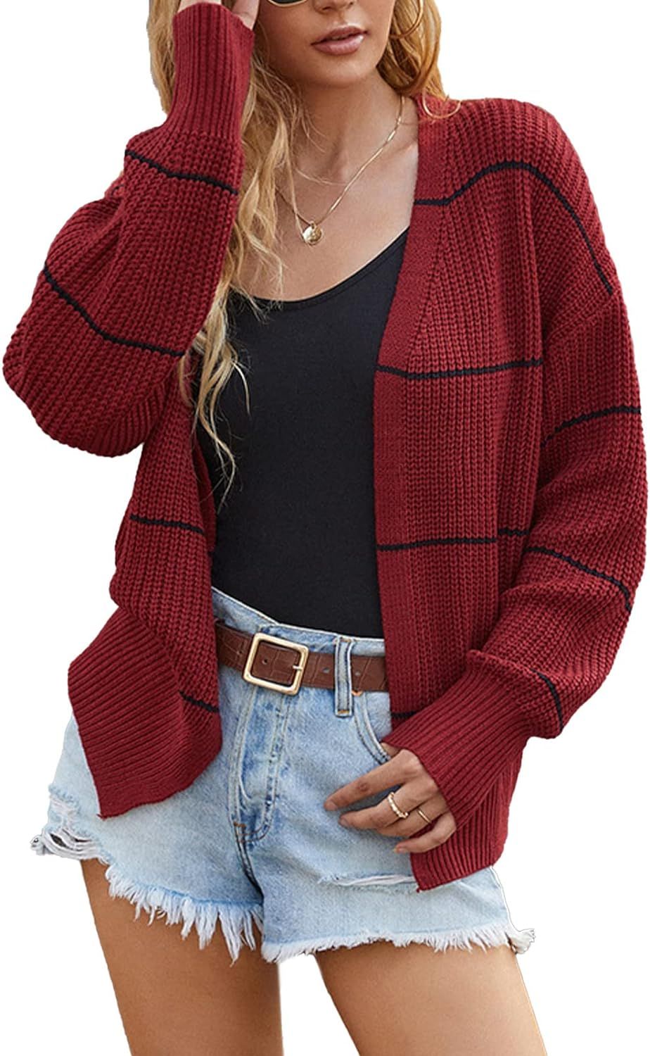 Women Open Front Knit Cardigan Long Sleeve Stylish Striped Casual Loose Knitted Coat(L-Wine Red) ... | Amazon (US)