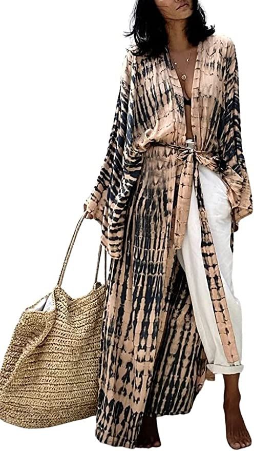 Bsubseach Stylish Tie Dye Open Front Long Kimono Swimsuit Cover up for Women | Amazon (US)