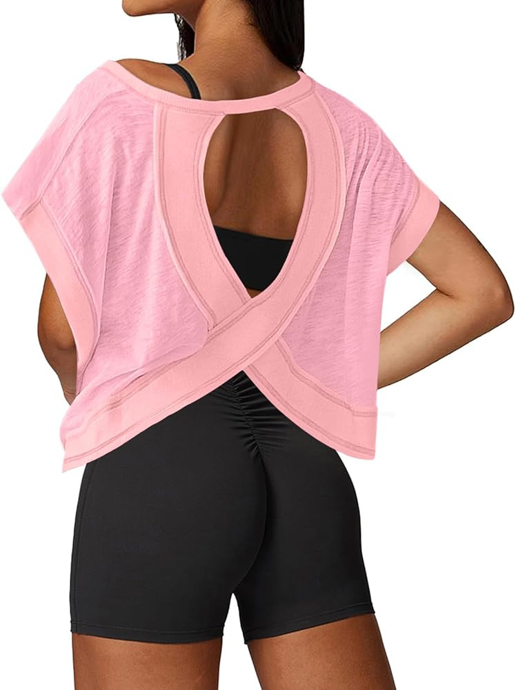 UNIANKIYA Open Back Workout Tops for Women Loose Fit Athletic Crop Tee Short Sleeve Gym Running Y... | Amazon (US)