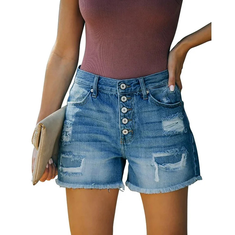 ONLYSHE High Waisted Denim Shorts for Women Summer Casual Cuffed Distroyed Vintage Blue Shorts | Walmart (US)