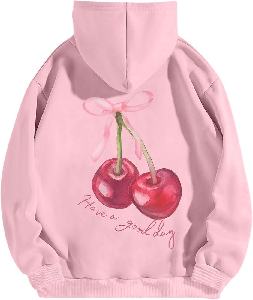 Tuislay Womens Cute Cherry Graphic Hoodie Ribbon Bow Printed Sweatshirt Drop Shoulder Aesthetic P... | Amazon (US)