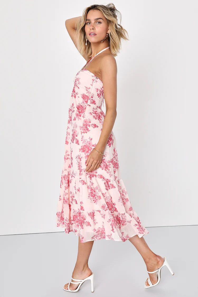Lovely Radiance Blush Pink Floral Halter Tiered Midi Dress | Lulus