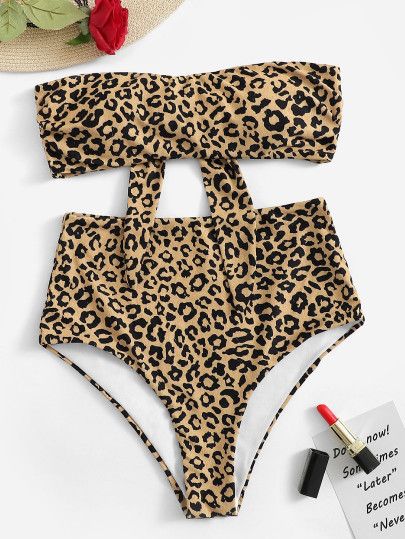 Leopard Bandeau With High Waist Bikini Set | SHEIN