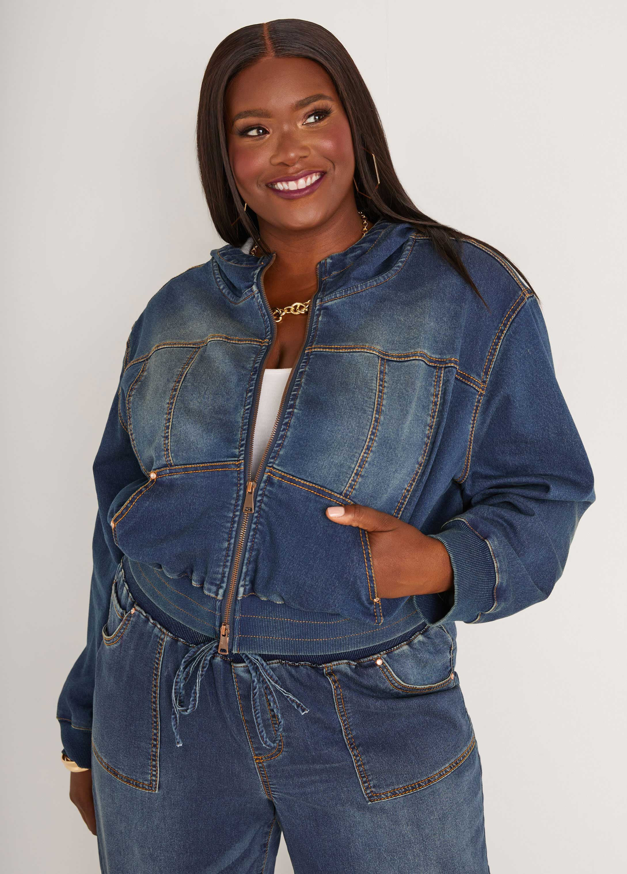 Plus Size Hooded Denim Jacket Plus Size Jean Jacket Set | Ashley Stewart