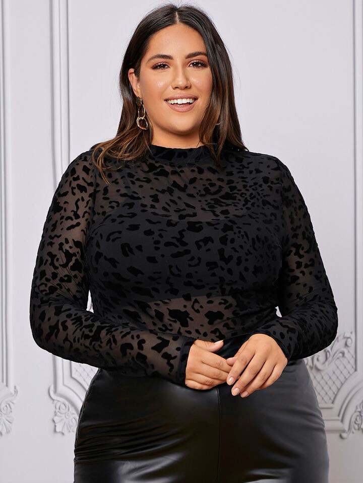 SHEIN Privé Plus Leopard Print Mock Neck Mesh Top Without Camisole | SHEIN