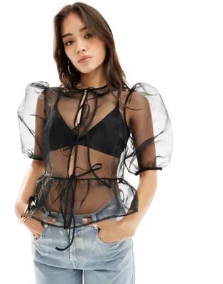 ASOS DESIGN organza peplum tie shirt in black | ASOS (Global)