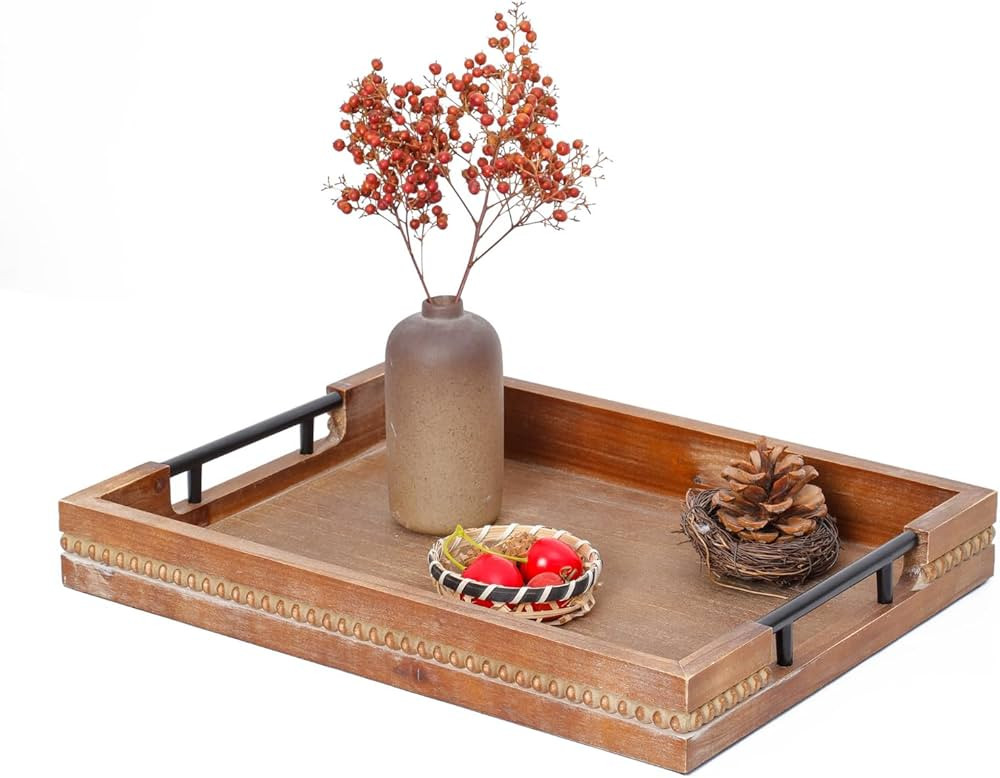 Wooden Ottoman Tray for Living Room,Decorative Serving Tray with Handles,Beaded Rectangle Rustic ... | Amazon (US)