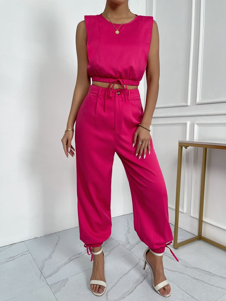 Tight Hem Knot Front Top & Knot Side Jogger Pants | SHEIN