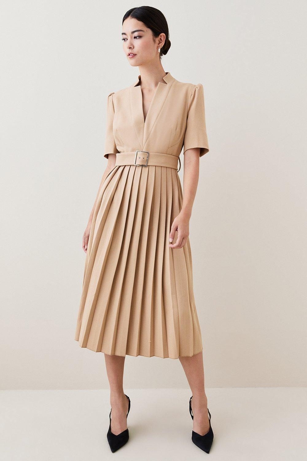 Petite Structured Crepe Forever Pleat Dress | Karen Millen UK & IE