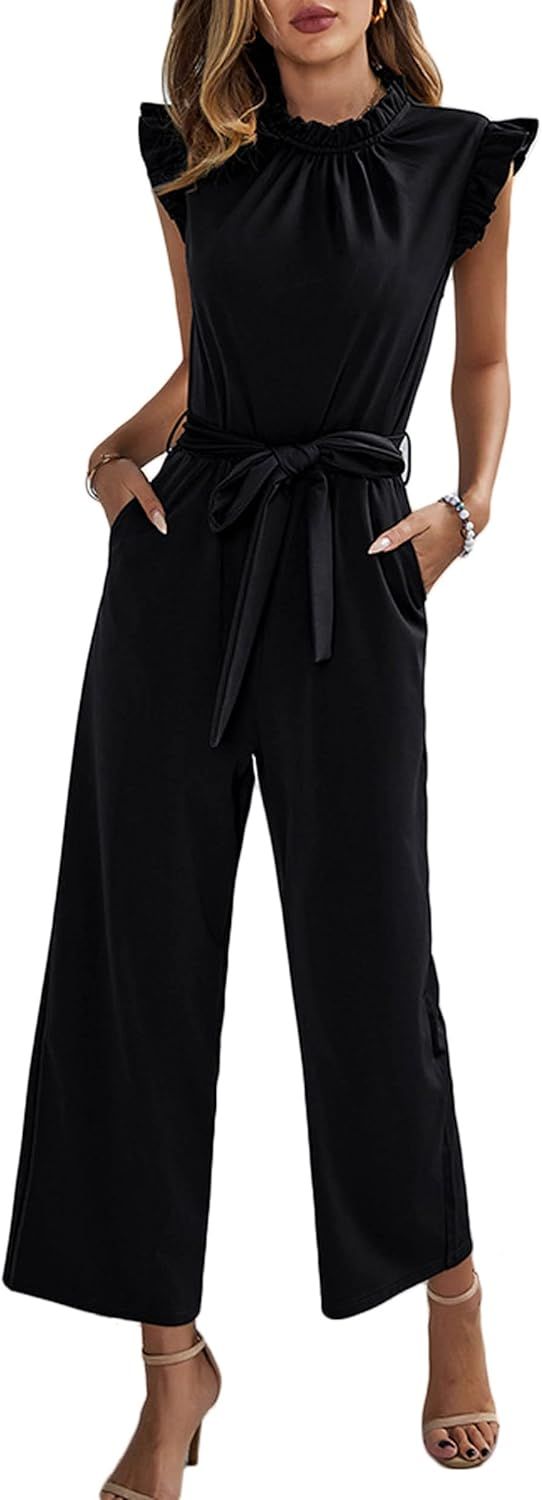 CHARTOU Women's Elegant Work Office Pleated Wide Leg Pants Jumpsuit with Pockets Romper Outfits | Amazon (US)