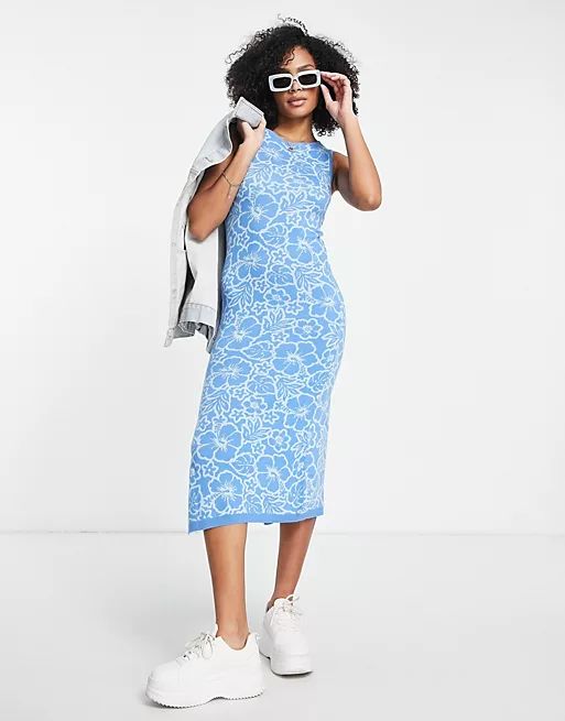 ASOS DESIGN knitted midi dress with floral pattern in blue | ASOS (Global)