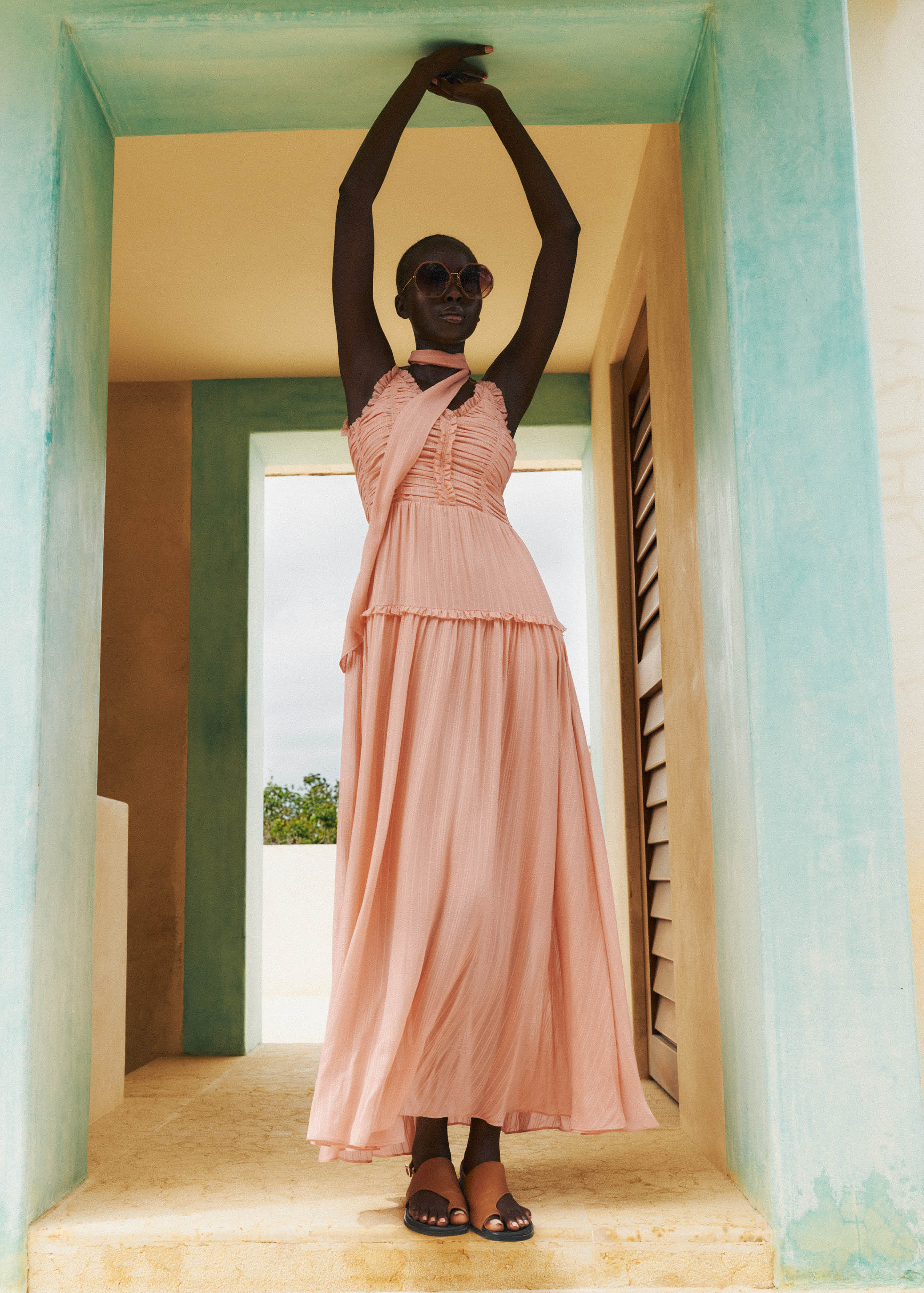 Women's Peach Textured Full-Length Dress + Tie | ME+EM | ME+EM US