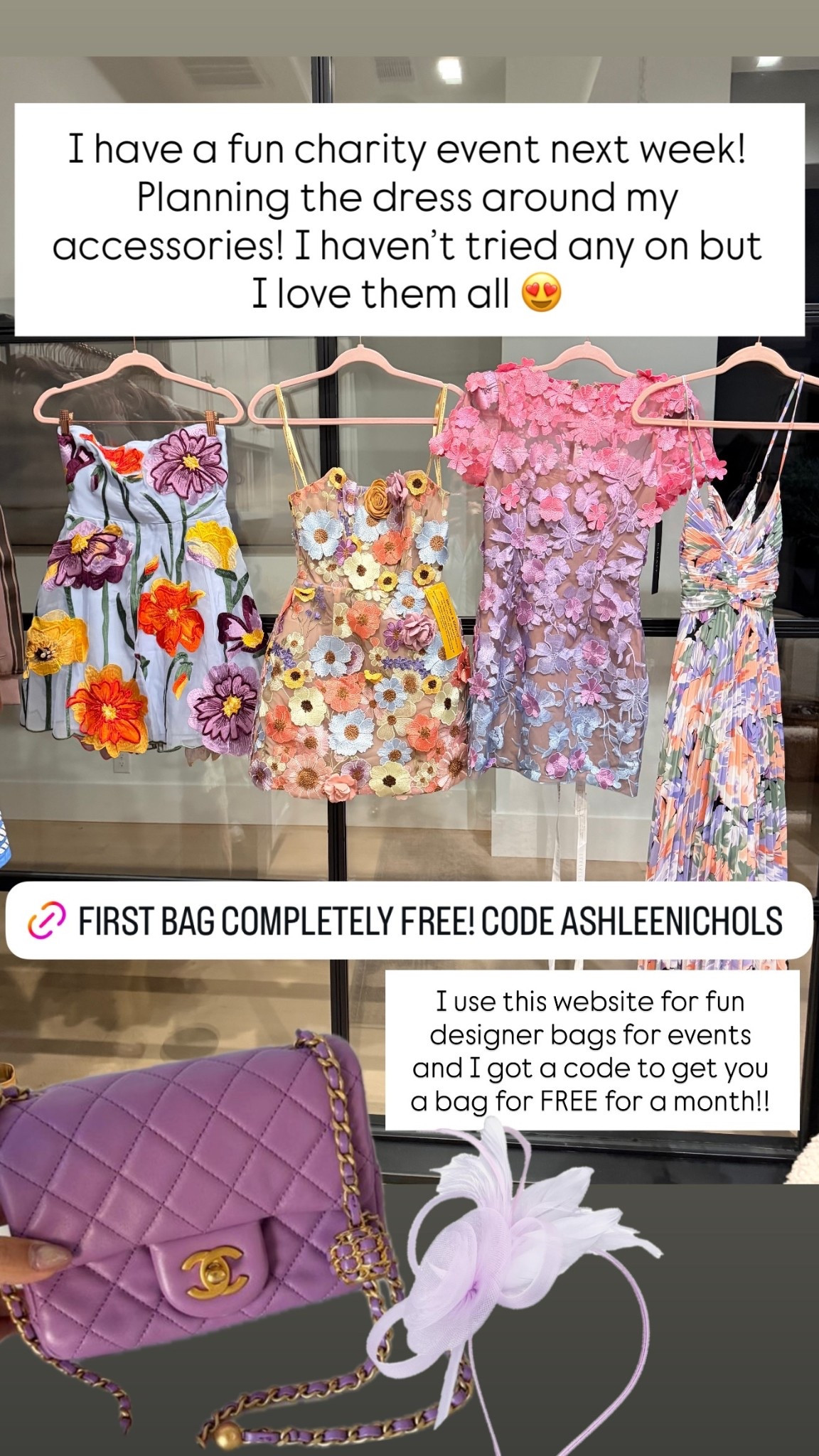 I have a fun charity event next week! Planning the dress around my accessories! I haven’t tried any on but I love them all 😍 I use this website for fun designer bags for events and I got a code to get you a bag for FREE for a month!!
