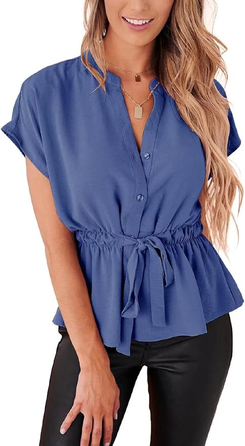 Womens Button Down Blouses Casual Peplum Summer Tops Dressy Chiffon Work Blouse | Amazon (US)