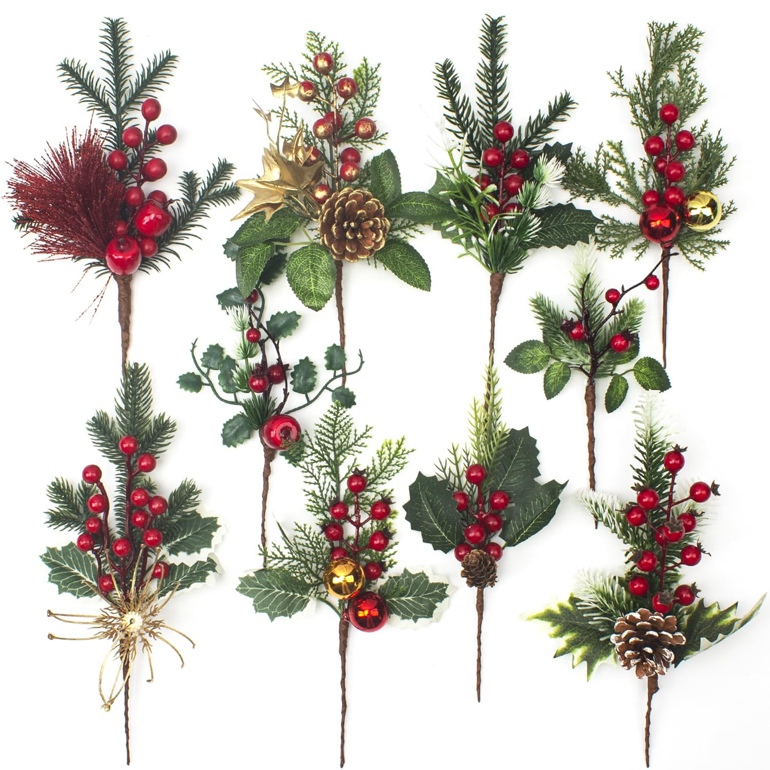 10 Pcs Artificial Pine Picks Christmas Pine Picks Pine Needles Branches with Red Berry Pinecones ... | Amazon (US)