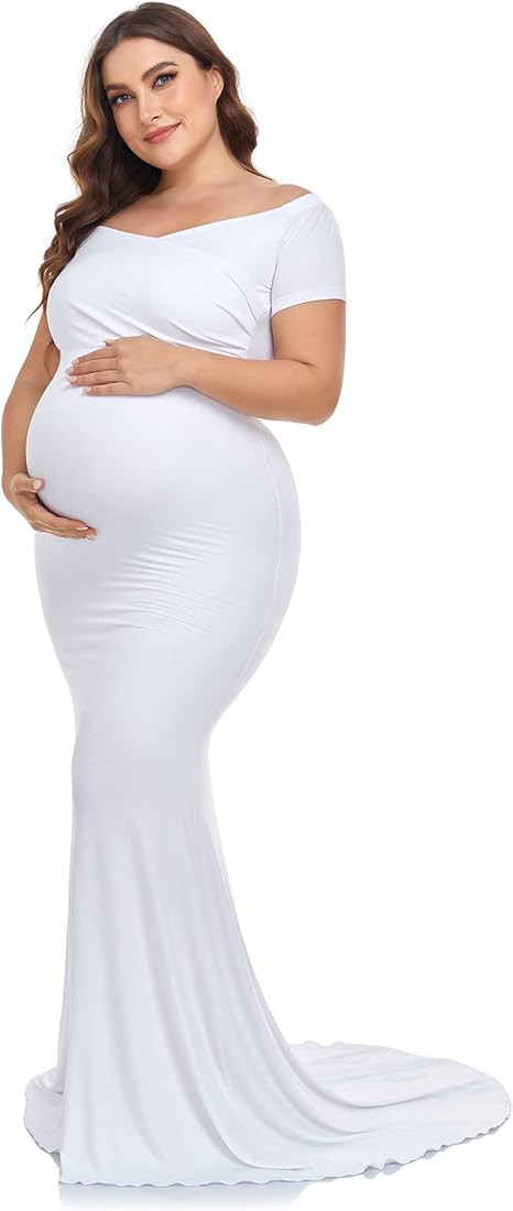 Maternity Dress for Photography Off Shoulder Long Sleeve Chiffon Gown Split Front Maxi Pregnancy ... | Amazon (US)