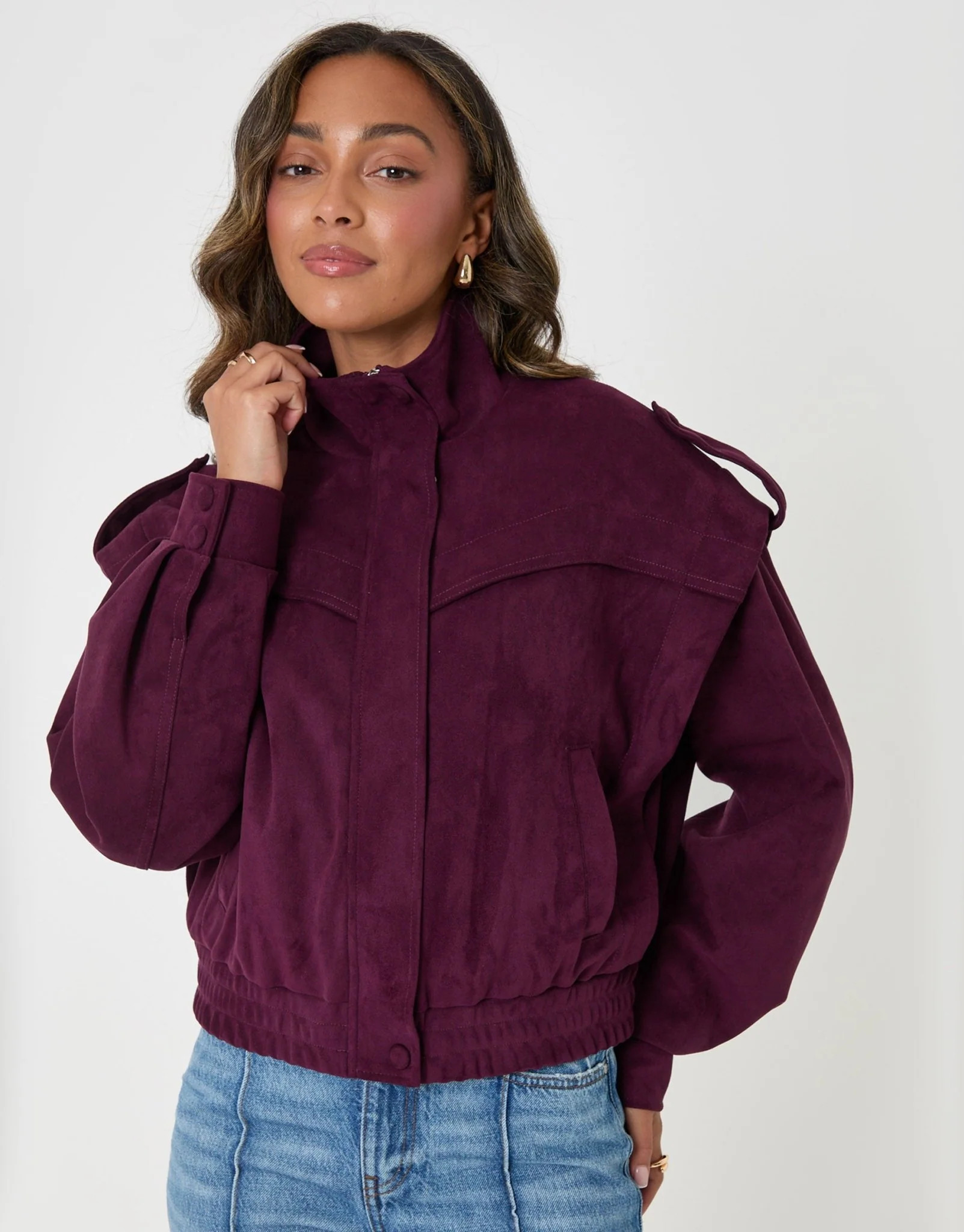 Faux Suede Cape Shoulder Bomber Jacket in Plum | Threadbare UK