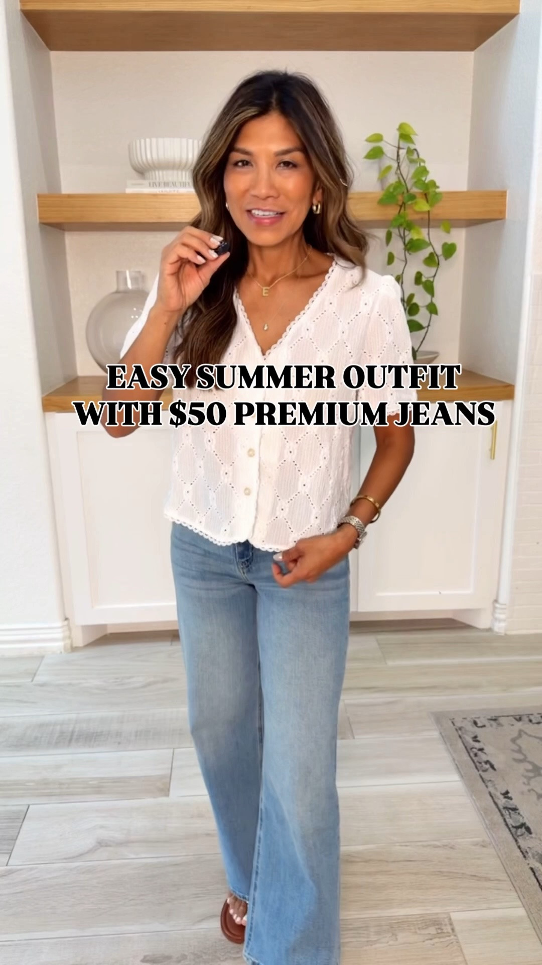 I’m 5’2” 118#ish for reference 
Top in small tts(white and Blue)
Jeans in size 26, length is 28” wash in Frosted Blue Sandals tts- has 4 length options.

#LTKOver40 #LTKmomlife #LTKPetite