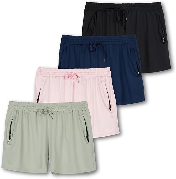 Real Essentials 4 Pack: Womens Active Athletic Performance Dry-Fit Shorts with Zipper Pockets (Av... | Amazon (US)