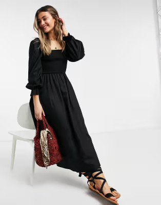 New Look textured shirred midi dress in black | ASOS (Global)