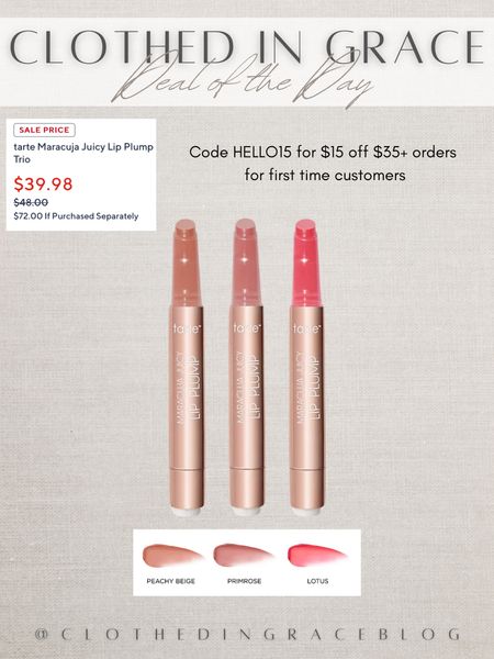 Amazing promo happening on @qvc for a trio pack of the Tarte lip plumps! #ad Use code HELLO15 for an additional $15 off $35+ orders if you’re a first time customer. Sharing more details in my stories today. #loveqvc 


#LTKsalealert #LTKfindsunder50 #LTKbeauty