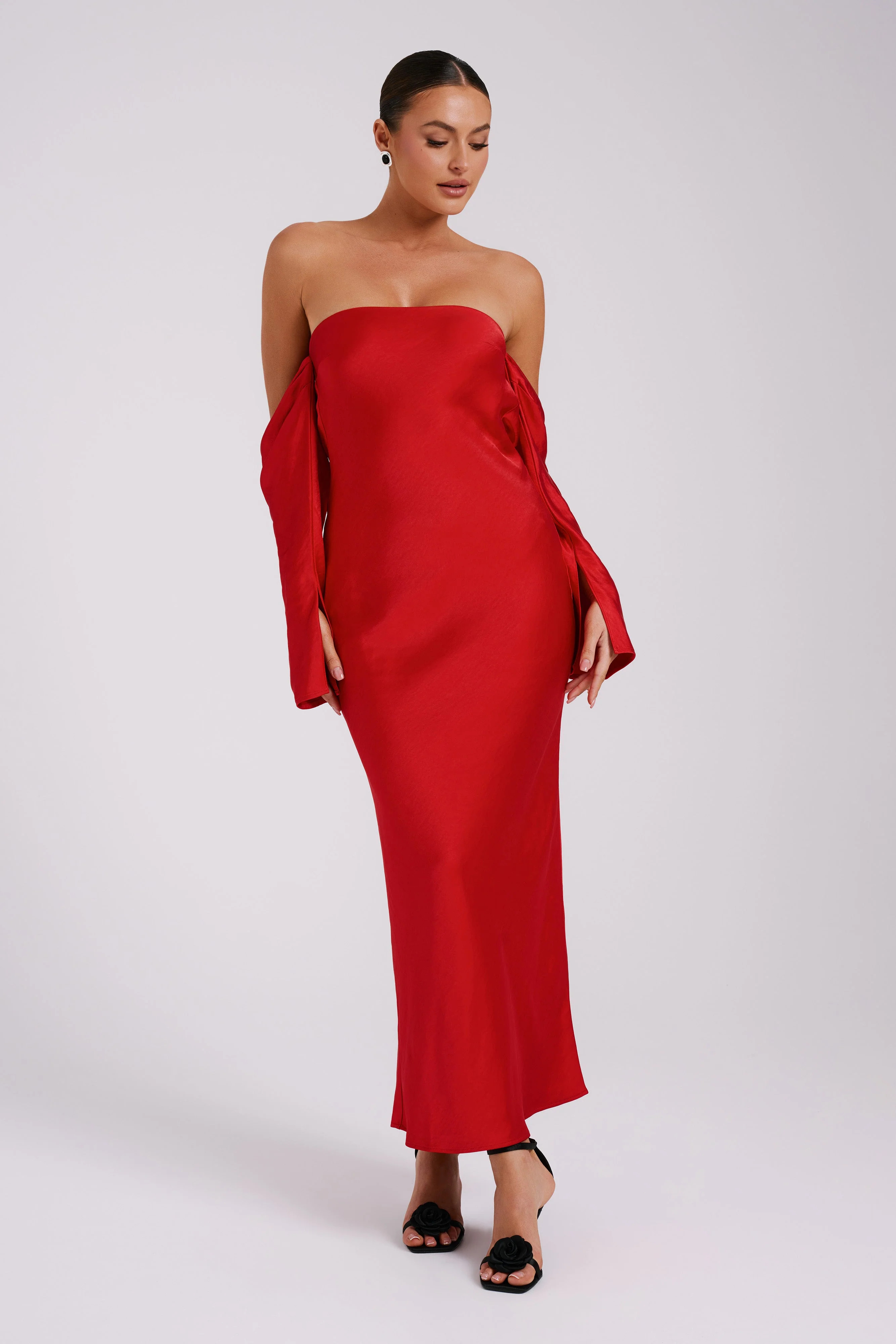 Vee Off Shoulder Satin Midi Dress - Red | MESHKI US
