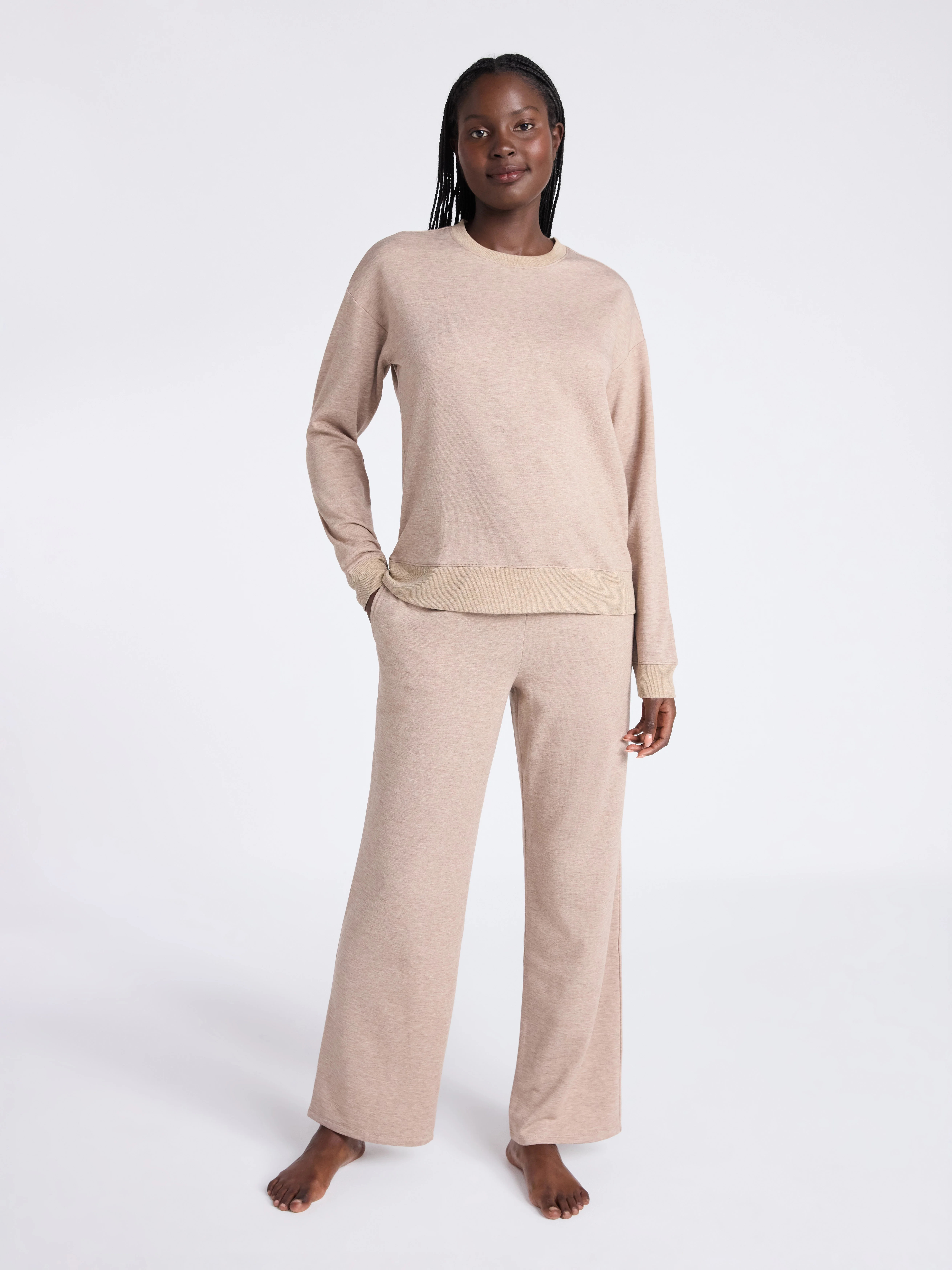 Joyspun Women's Fleece Long Sleeve Top and Straight Leg Pants Lounge Set, 2-Piece, Sizes XS-3X | Walmart (US)