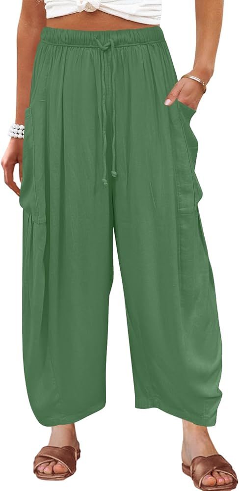 Kalssior Womens Wide Leg Pants Linen Palazzo Lounge Harem Pants Summer Beach Long Trousers with P... | Amazon (US)