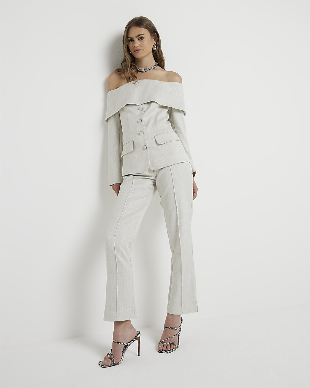 Cream glitter straight smart trousers | River Island (UK & IE)
