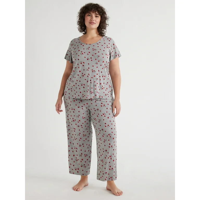 Joyspun Women’s Short Sleeve Scoop Neck Top and Cropped Pants Knit Pajama Set, 2-Piece, Sizes S... | Walmart (US)