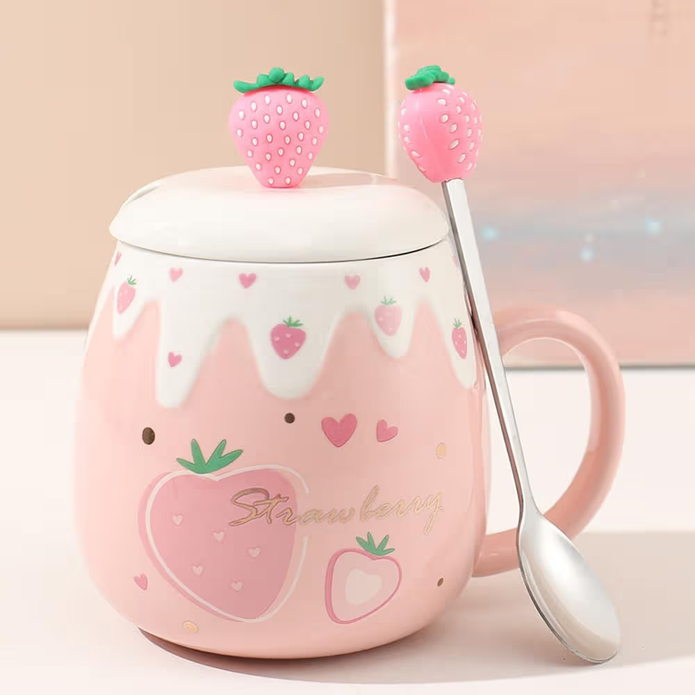Pink Mug,Kawaii Strawberry Cup,Cute Ceramic Coffee mug with Lid and Lovely Spoon,Sweet Coaster,Novelty Morning Cup, Christmas Birthday Gift Cute Thing Korean Mug for girls women (Big Strawberry) | Amazon (US)