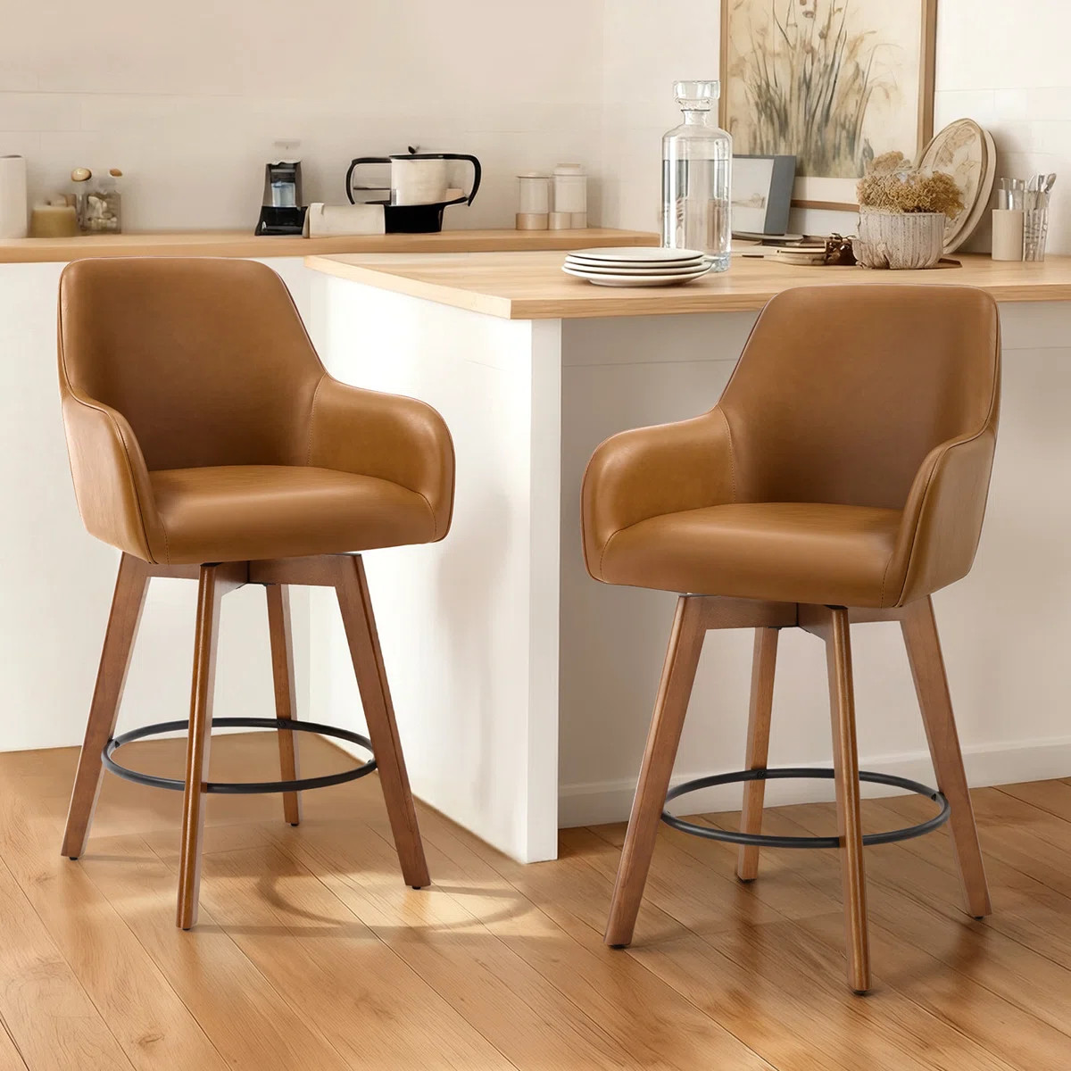 25" Swivel Upholstered Counter Stool With Solid Rubberwood Frame &  Full Back Arms (Set of 2) | Wayfair North America