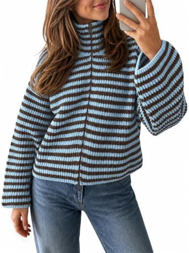 Saodimallsu Womens Striped Zip Up Sweaters Mock Neck 2026 Fall Trendy Casual Long Sleeve Loose Fi... | Amazon (US)