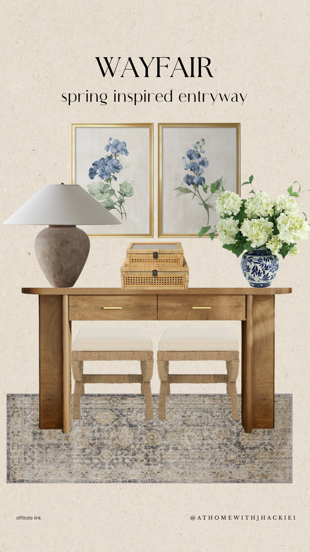 Wayfair spring inspired entryway, spring entryway decor, Wayfair entryway furniture, console table styling ideas, spring home refresh, entryway decor inspiration, floral wall art decor, blue botanical prints, neutral entryway ideas, Wayfair home finds, woven accent stools, entryway bench seating, ceramic table lamp, hydrangea vase decor, classic entryway styling, welcoming foyer ideas, elegant console table decor, spring decorating ideas, affordable luxury decor, timeless home entryway 

 

#LTKSeasonal #LTKHome