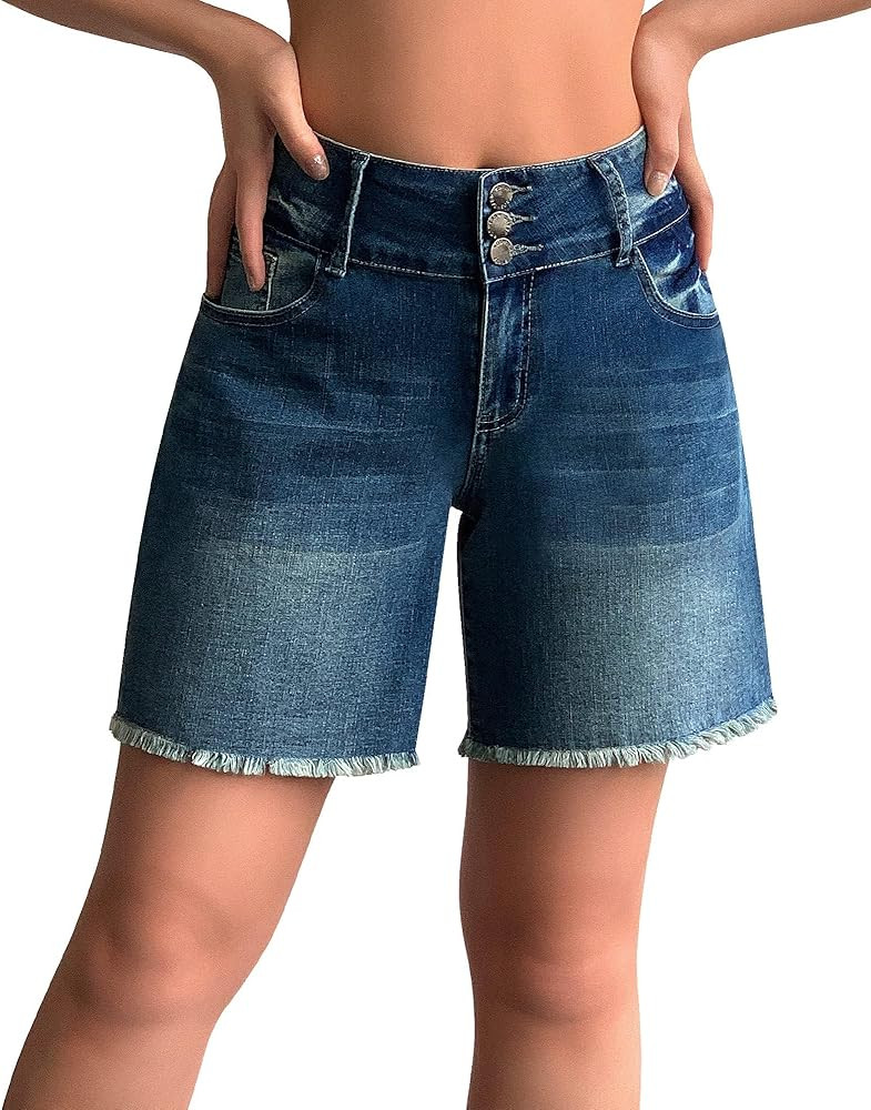 roswear Women's Stretchy Wide Leg High Waisted Frayed Hem Long Jean Shorts | Amazon (US)