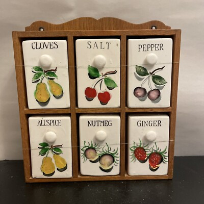 Vintage Wooden Spice Rack with 6 Ceramic Japan | eBay US