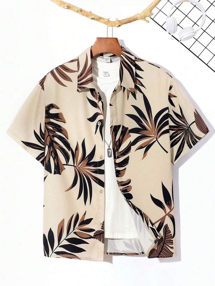 Tween Boys' Casual Resort Style Leaf Plant Print Pattern Open Lapel Loose Woven Shirt | SHEIN