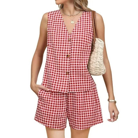 Women'S Summer Two Piece Sets Vacation Outfits Matching Short Sets Linen Gingham Vest and Shorts Red M | Walmart (US)