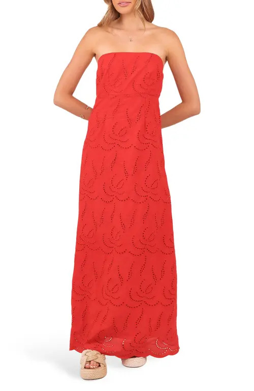 Petal & Pup Annika Eyelet Strapless Cotton Maxi Dress in Red at Nordstrom, Size Large | Nordstrom