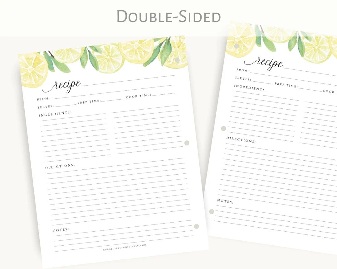 Recipe Binder Filler Paper Watercolor Lemons Recipe Binder Pages, Full Size Recipe Page or Half S... | Etsy (US)