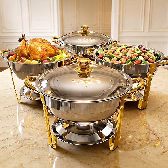 Chafing Dishes for Buffet 4 Pack, 6QT Round Stainless Steel Buffet Food Warmers with Elegant Gold... | Amazon (US)